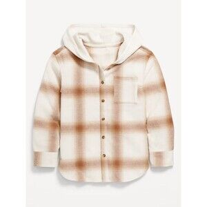 Old Navy Girls XL Hooded Flannel Shirt Cream Tan Plaid Button Front Long Sleeve